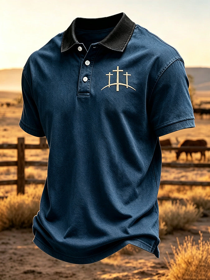 Men'S Western Cross Print Polo Shirt