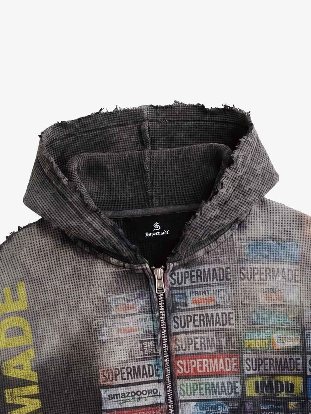 Distressed Multi-Label Graphic Sleeveless Zip Hoodie - 2641