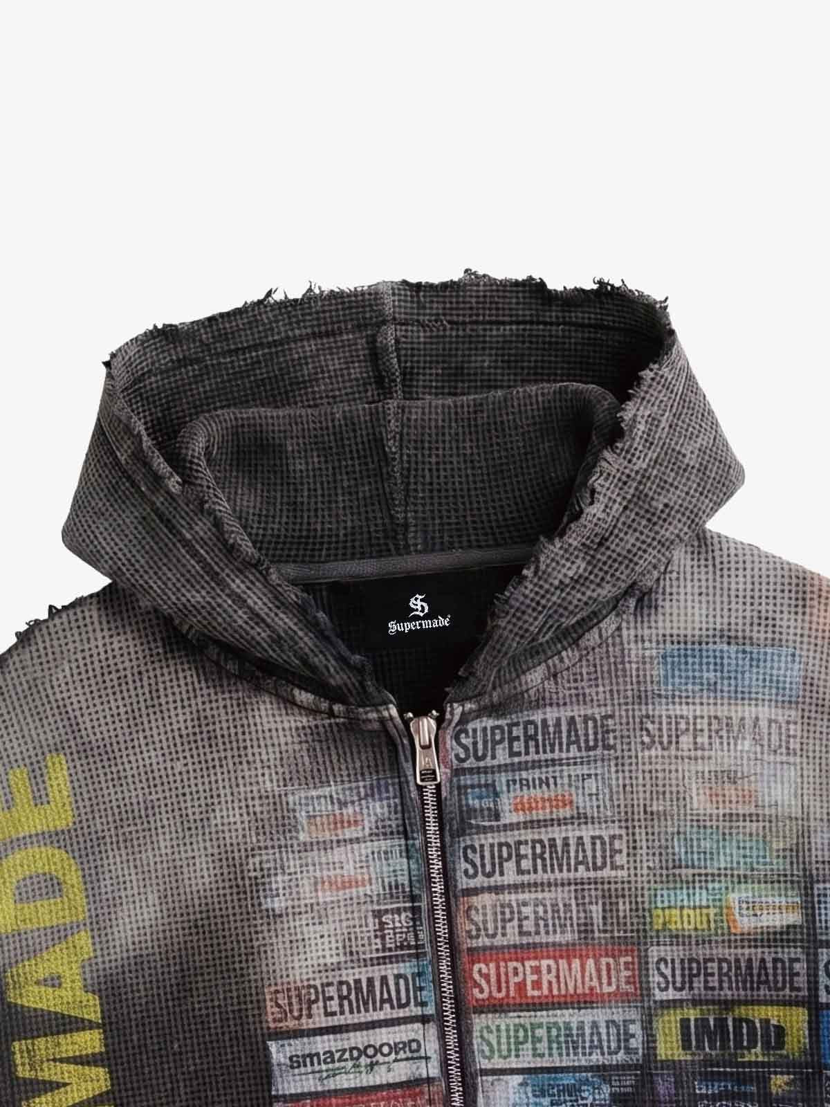 Distressed Multi-Label Graphic Sleeveless Zip Hoodie - 2641