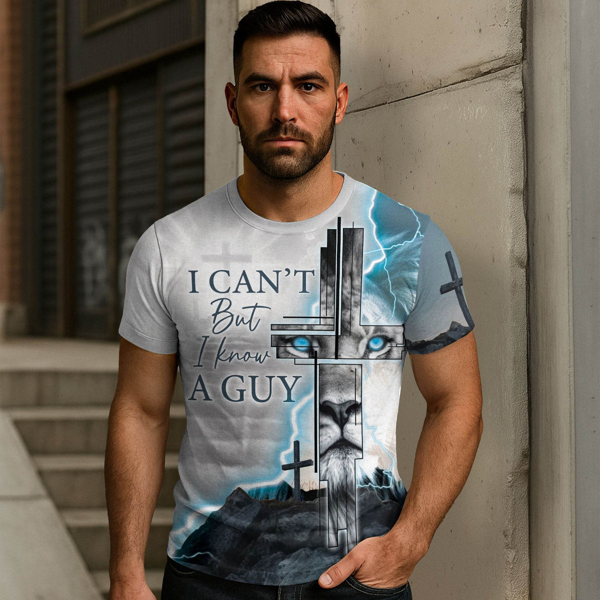 Lightning Roar – I Can’t But I Know A Guy Lion Cross T-shirt