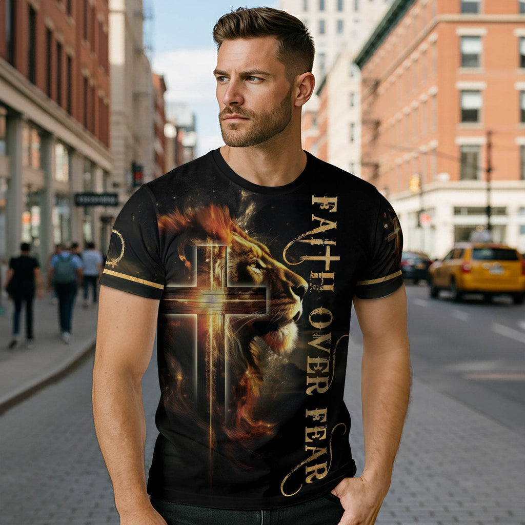 Faith Over Fear Lion and Cross Double-Sided Christian T-Shirt