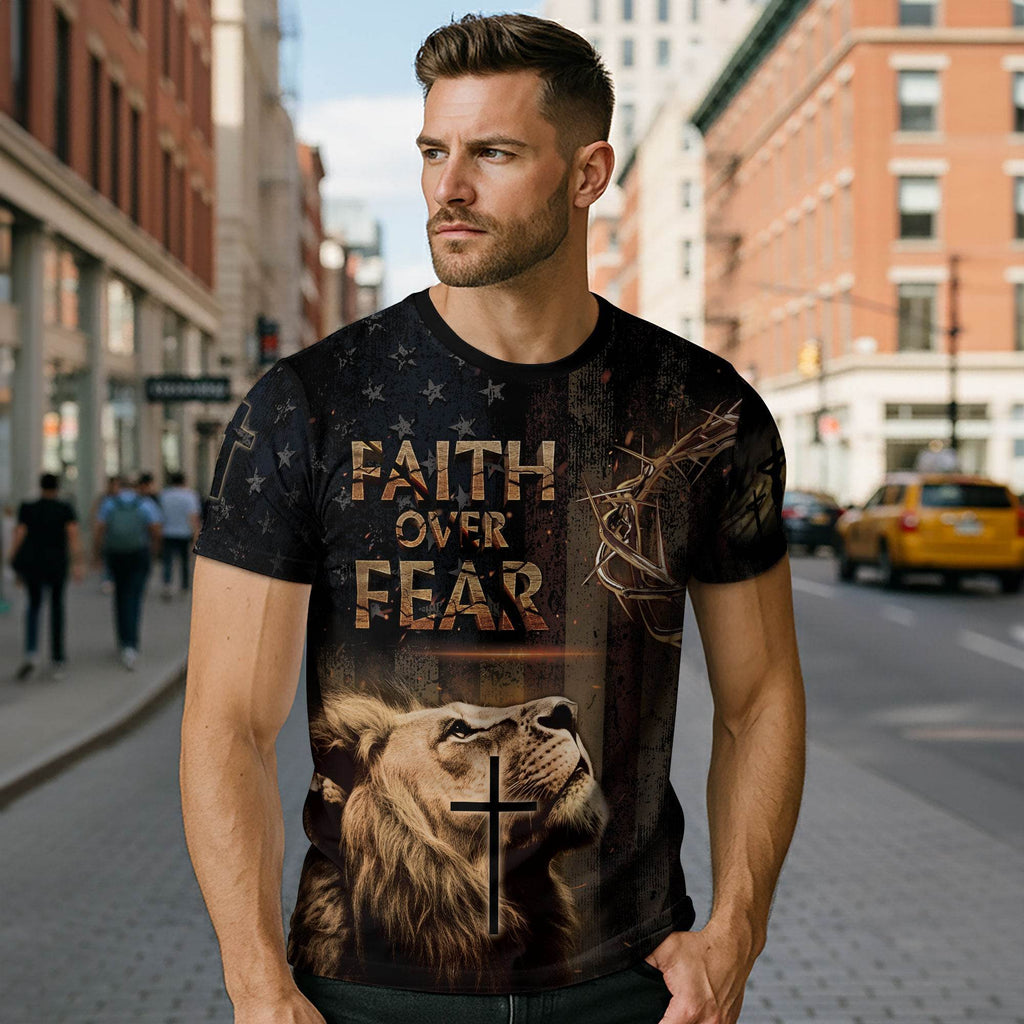Faith Over Fear | Rugged Cross & Warrior Lion Patriotic Tee