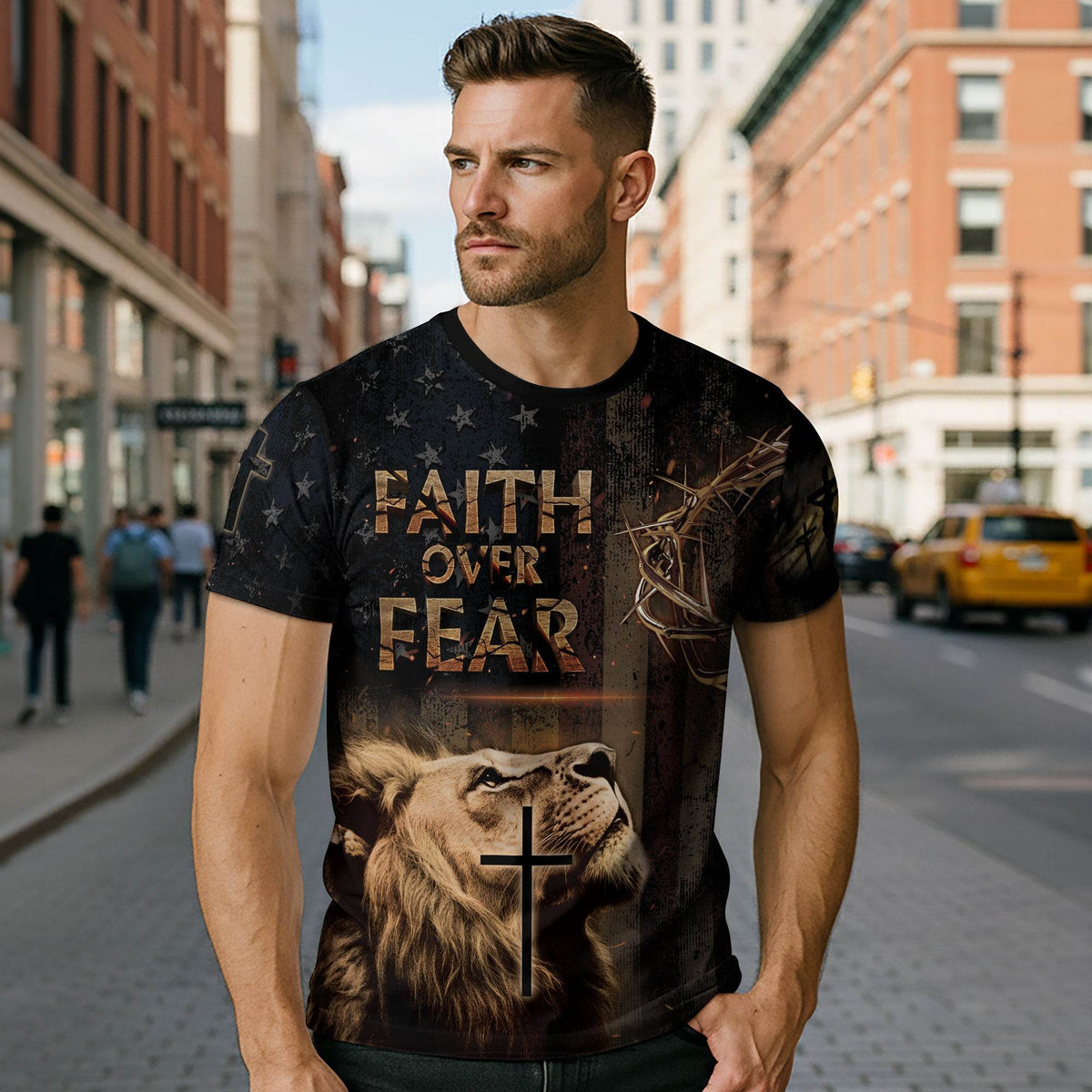 Faith Over Fear | Rugged Cross & Warrior Lion Patriotic Tee