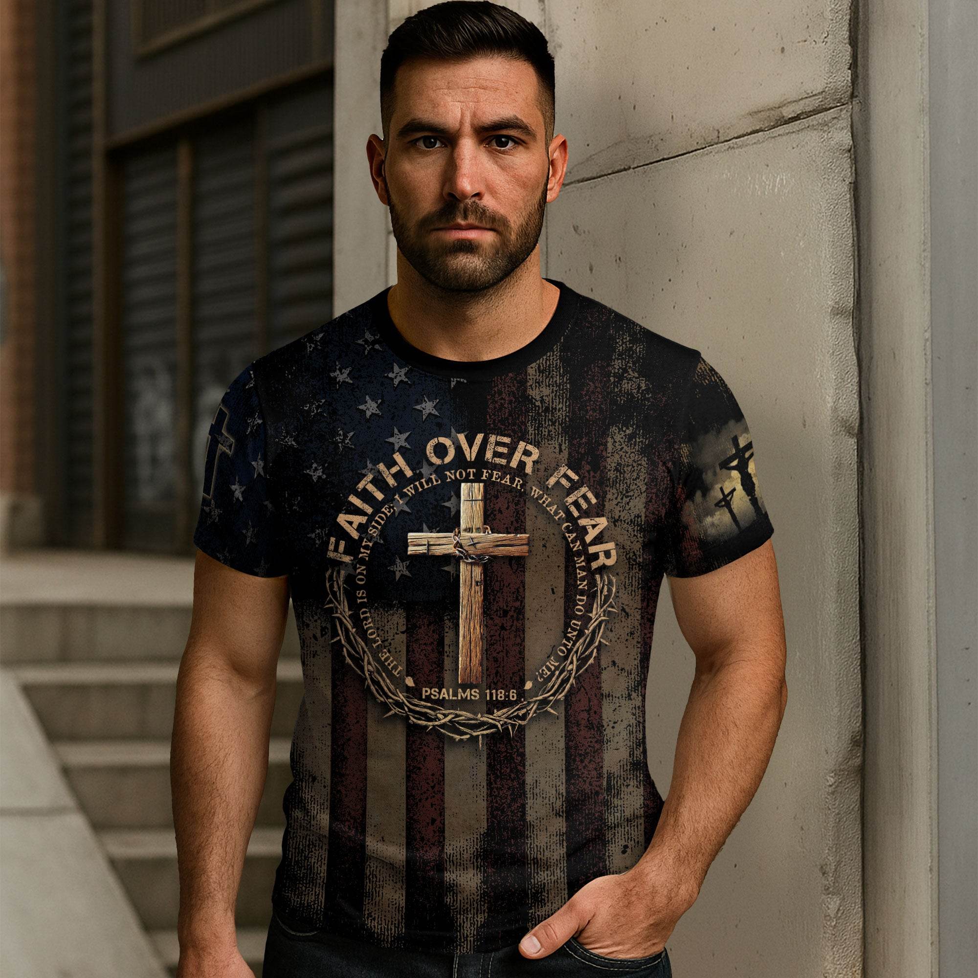 FAITH OVER FEAR | Psalms 118:6 Cross & Crown Patriotic Tee