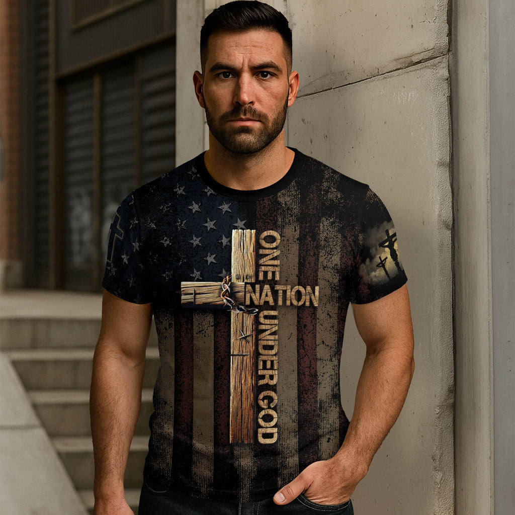 One Nation Under God | Rugged Cross & Crucified Savior Patriotic Tee