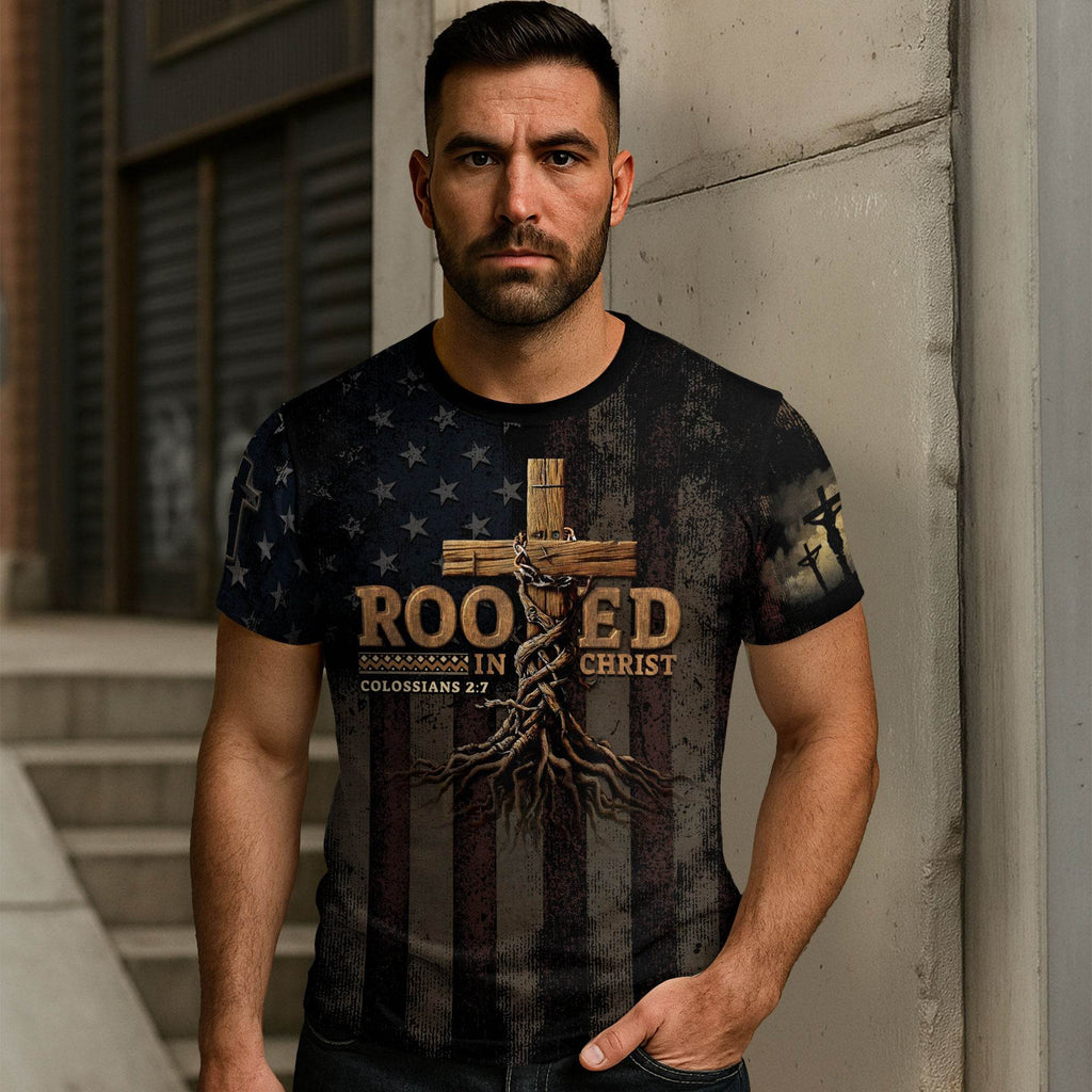Rooted in Christ | Colossians 2:7 Cross & Vine Christian Patriot Tee