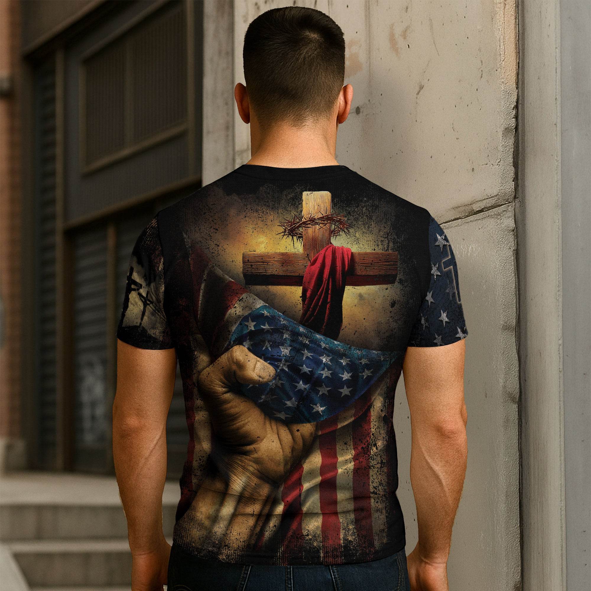 One Nation Under God | Rugged Cross & Crucified Savior Patriotic Tee