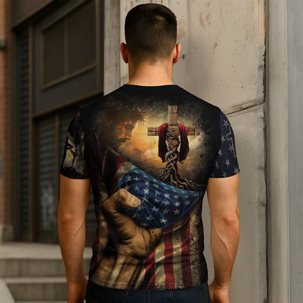 Rooted in Christ | Colossians 2:7 Cross & Vine Christian Patriot Tee
