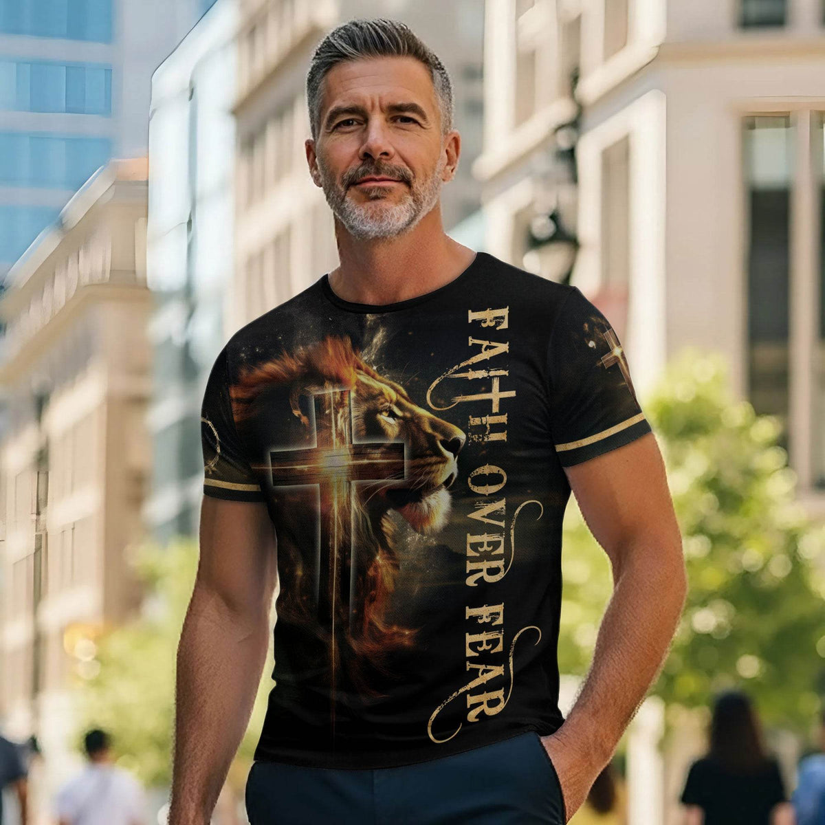 Faith Over Fear Lion and Cross Double-Sided Christian T-Shirt