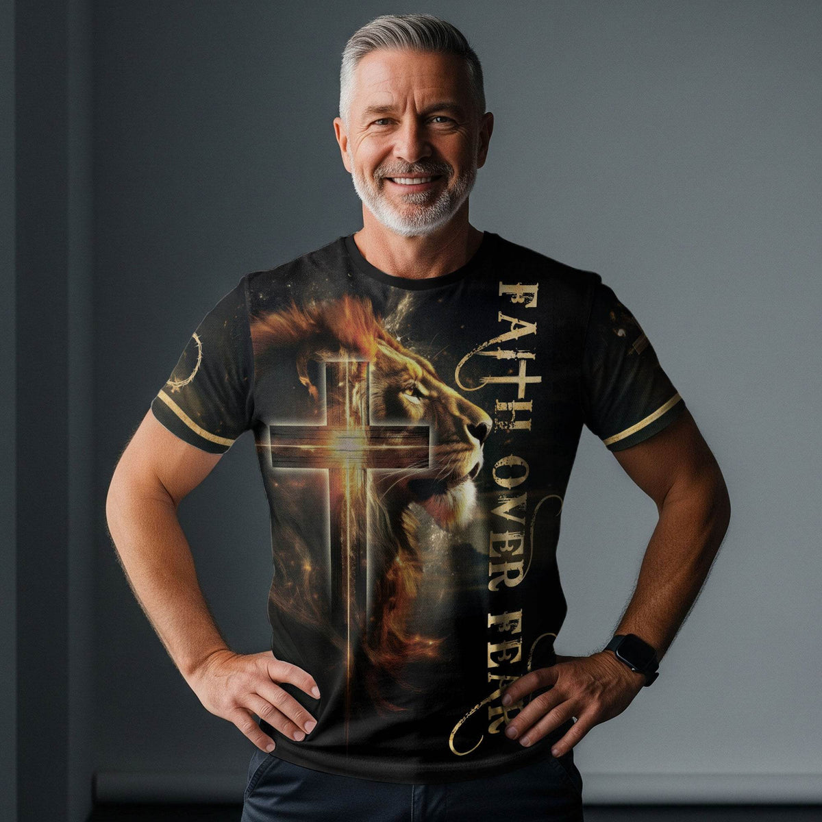 Faith Over Fear Lion and Cross Double-Sided Christian T-Shirt