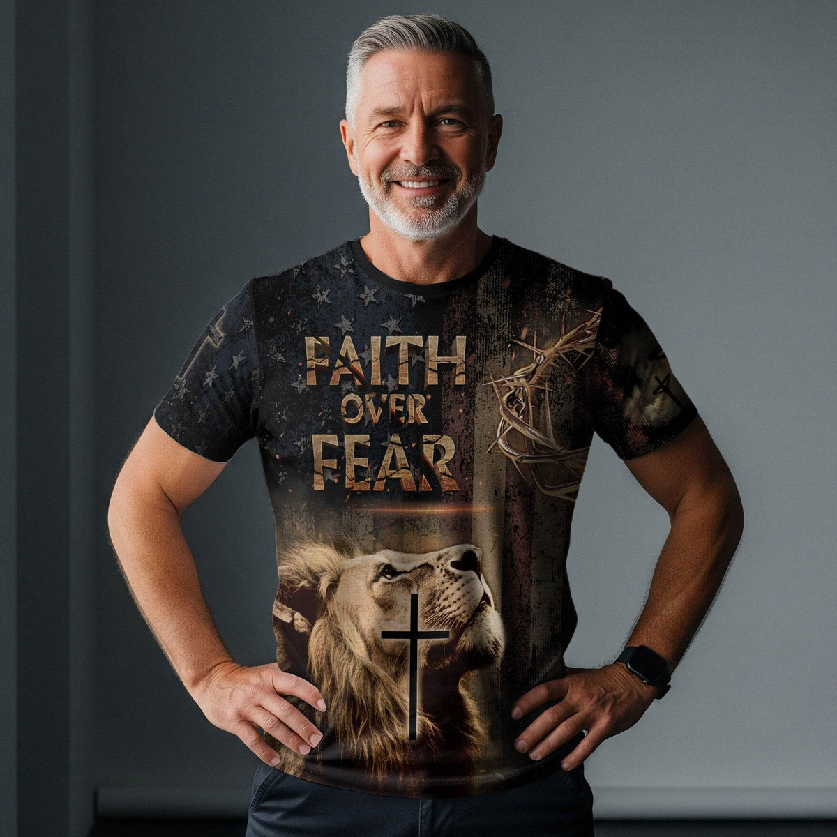 Faith Over Fear | Rugged Cross & Warrior Lion Patriotic Tee