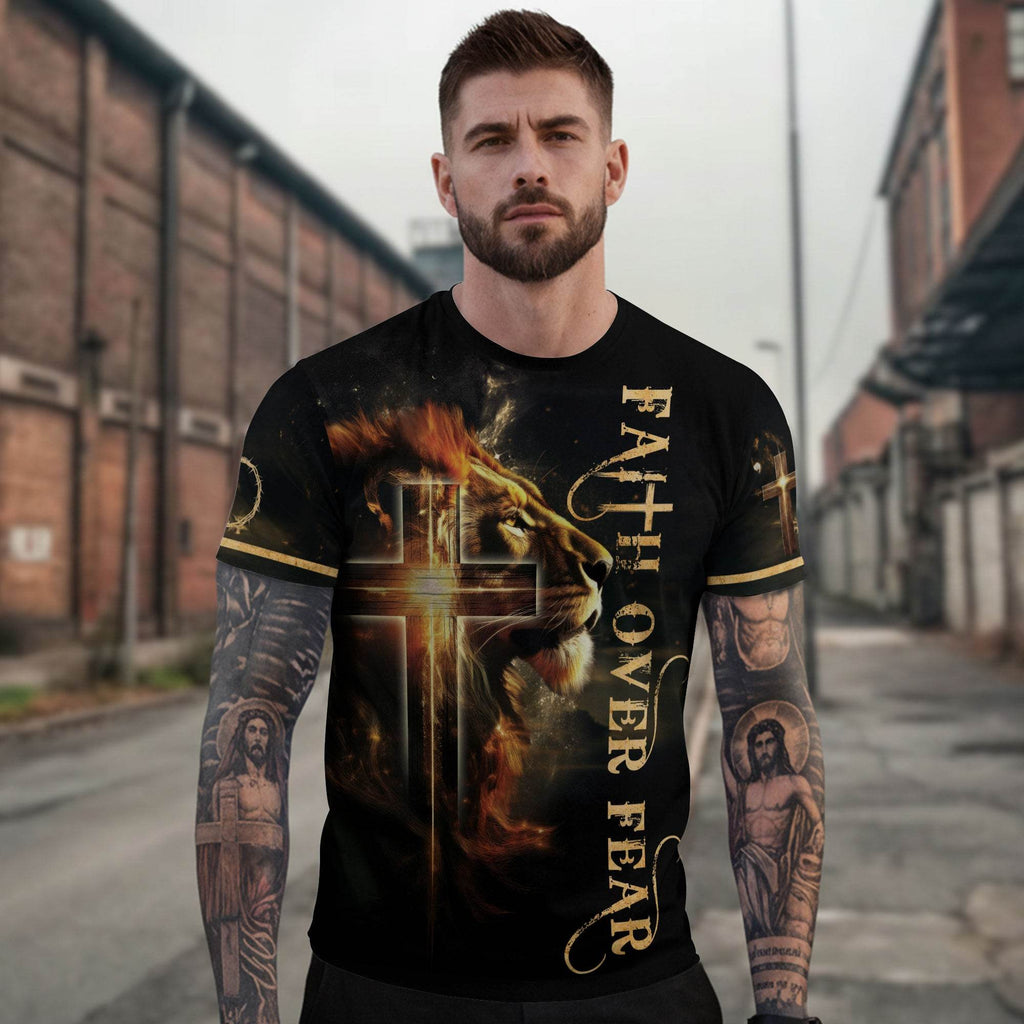 Faith Over Fear Lion and Cross Double-Sided Christian T-Shirt