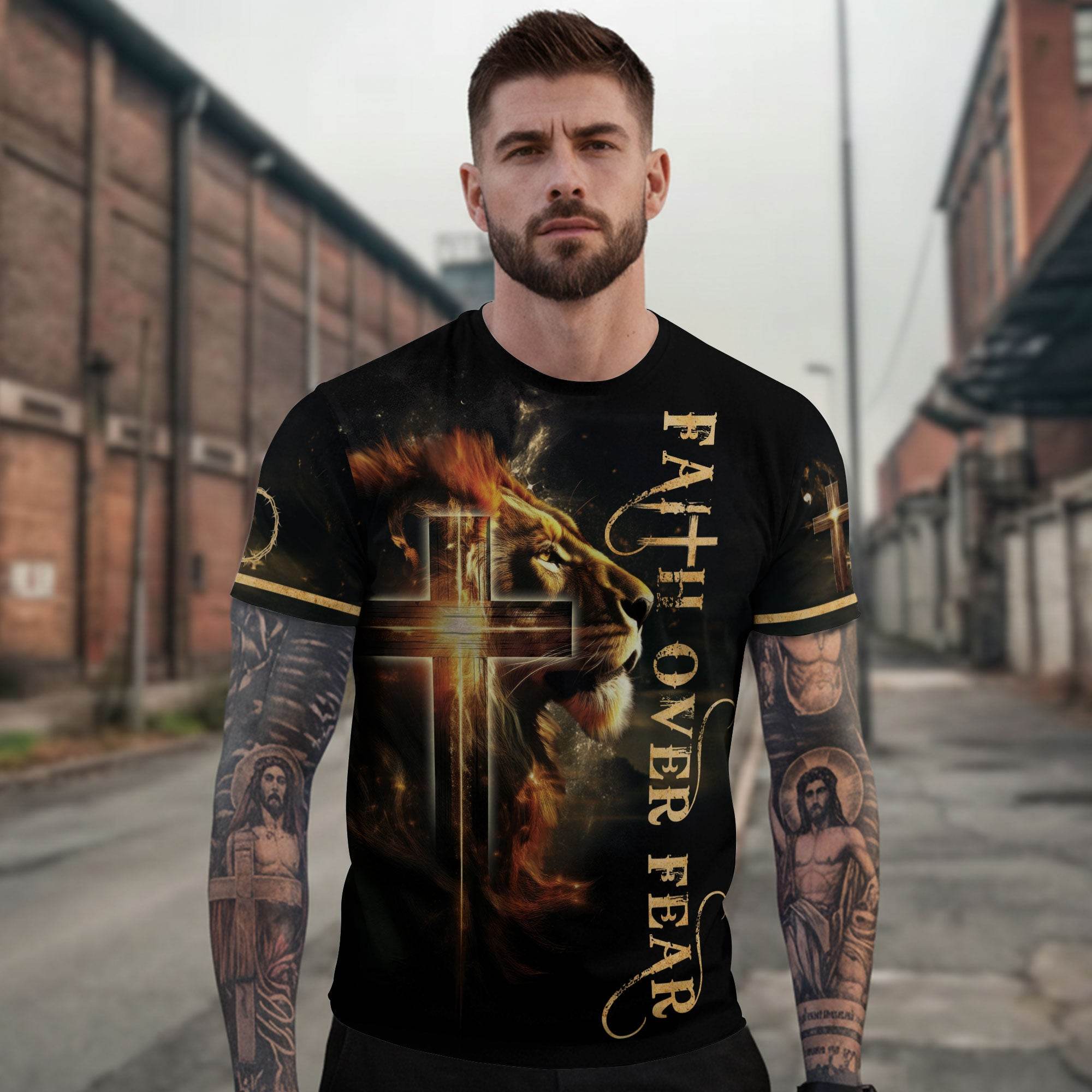 Faith Over Fear Lion and Cross Double-Sided Christian T-Shirt