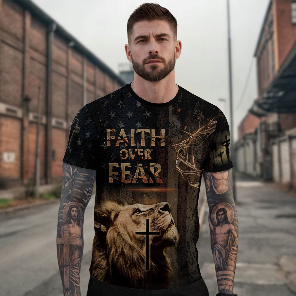 Faith Over Fear | Rugged Cross & Warrior Lion Patriotic Tee