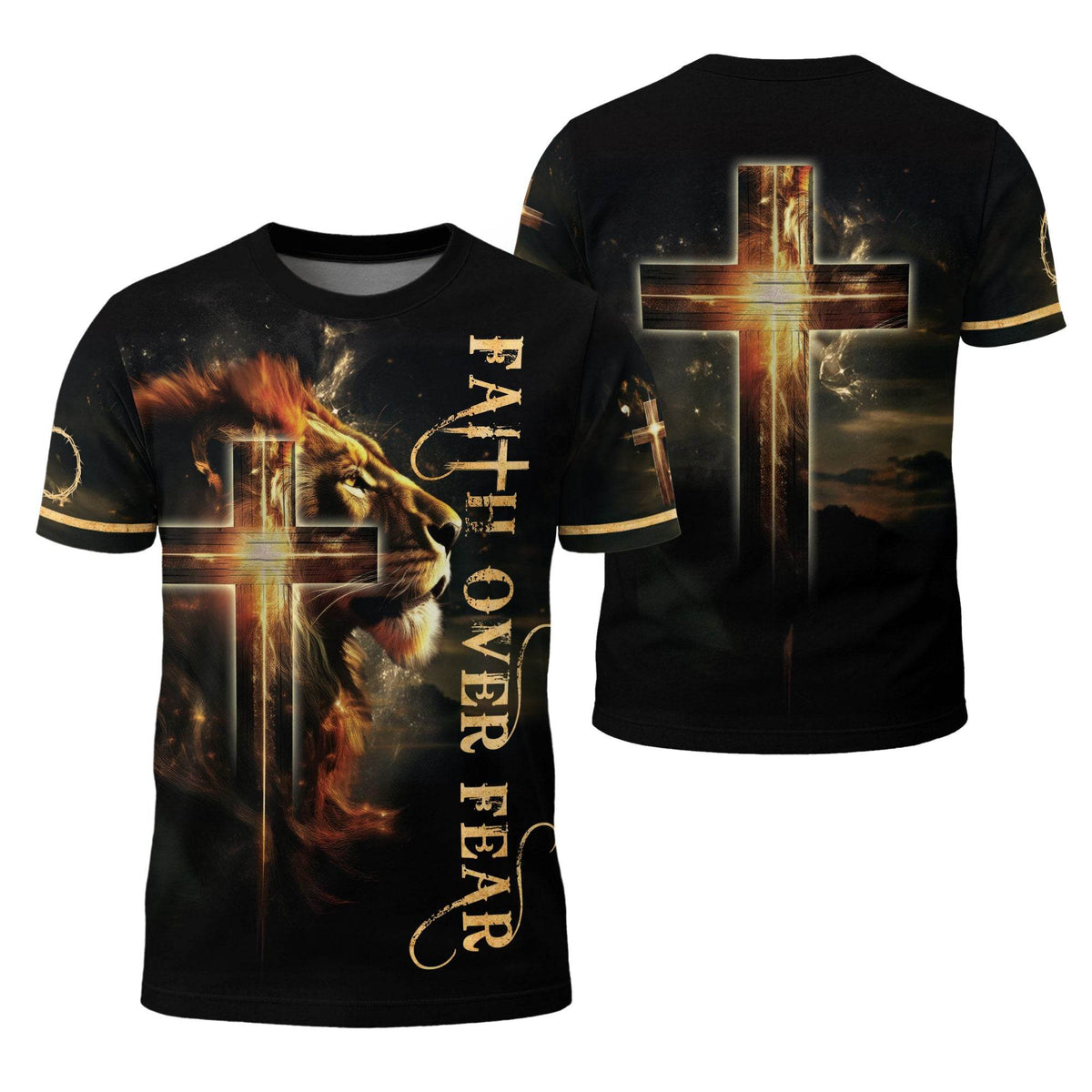 Faith Over Fear Lion and Cross Double-Sided Christian T-Shirt