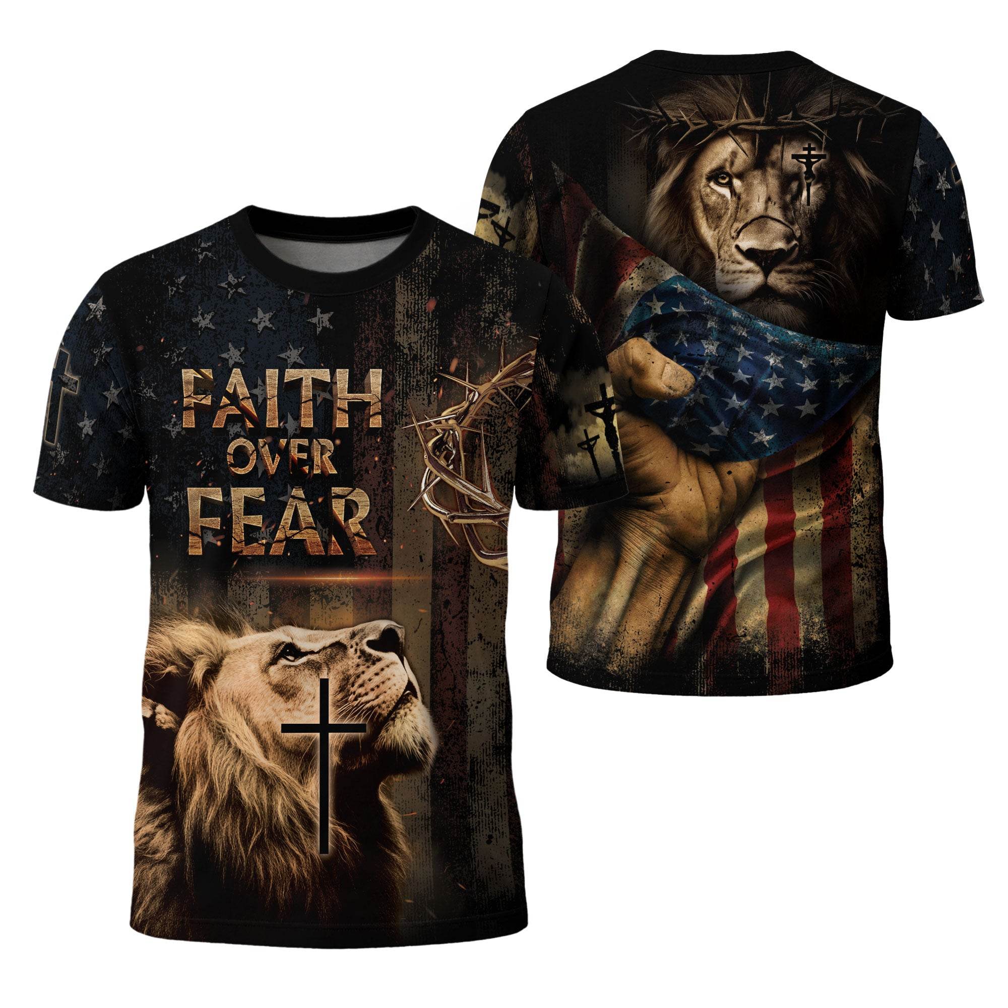 Faith Over Fear | Rugged Cross & Warrior Lion Patriotic Tee