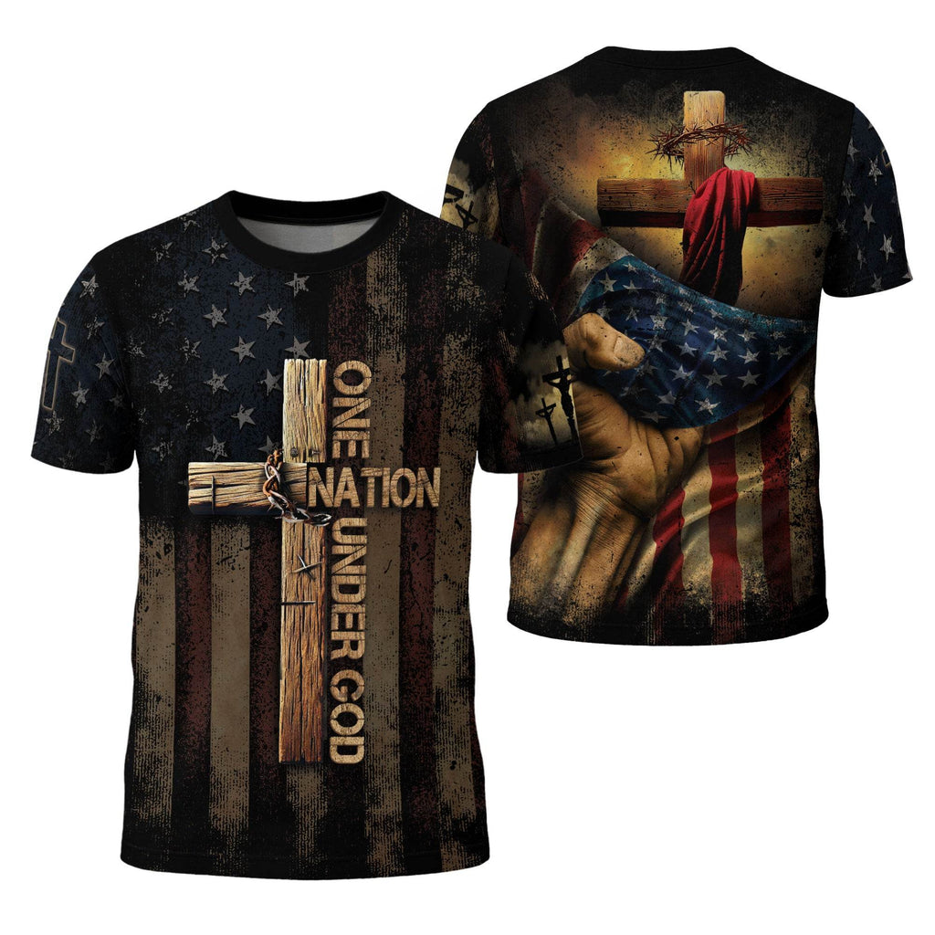 One Nation Under God | Rugged Cross & Crucified Savior Patriotic Tee