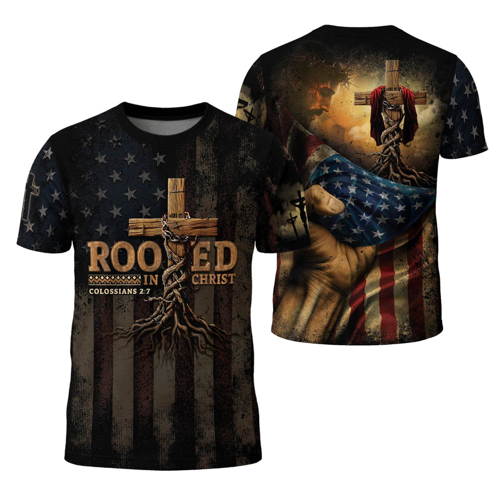 Rooted in Christ | Colossians 2:7 Cross & Vine Christian Patriot Tee