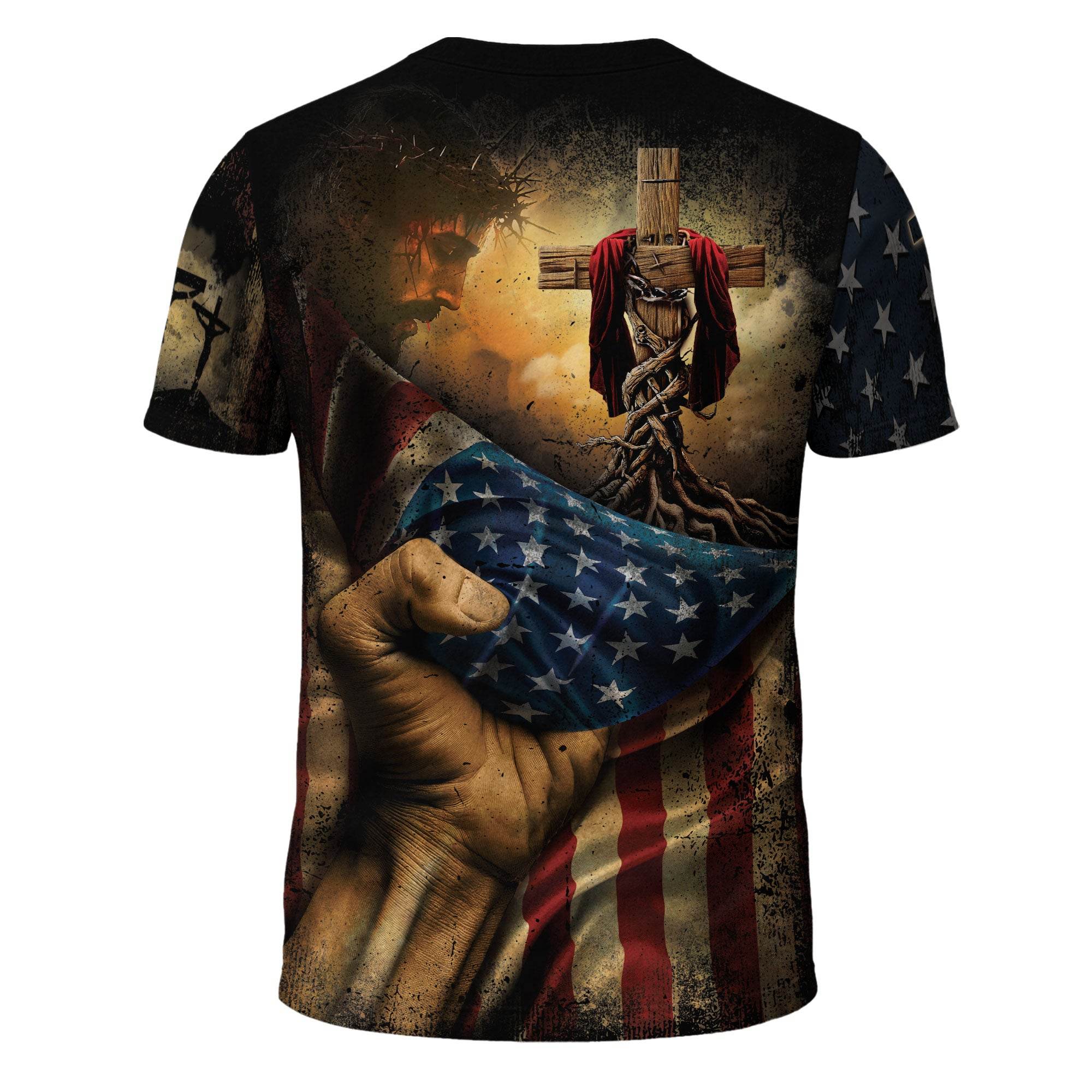 Rooted in Christ | Colossians 2:7 Cross & Vine Christian Patriot Tee