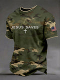 Men's Camouflage Jesus Saves Print Casual T-Shirt