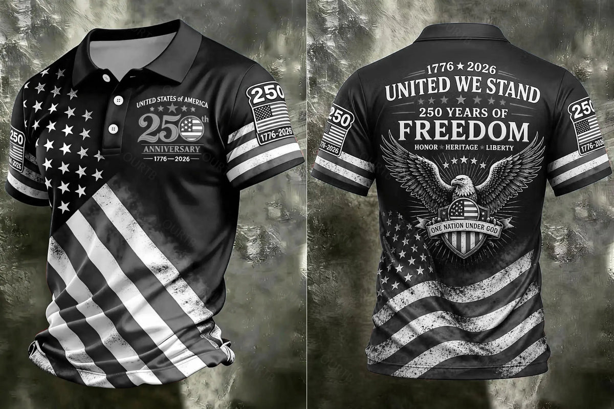 Patriotic American Flag Polo Shirt for Men, 250th Anniversary 1776-2026, Sporty Fitted Geometric Design, Ideal for 4th of July Gifts